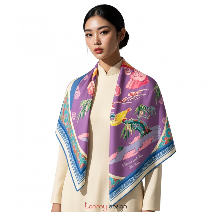 Silk scarf with The rainbow and oriole 90*90cm